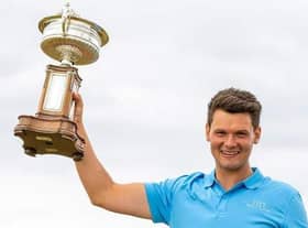 Craigielaw's Angus Carrick with the trophy after his win in the 2021 Scottish Amateur Championship at Murcar Links. Picture: Scottish Golf.