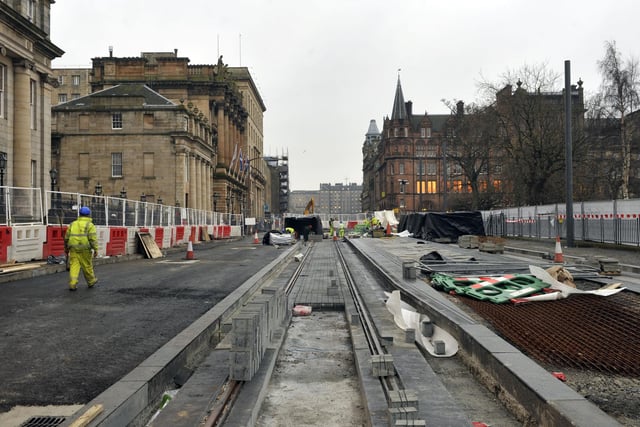 Tram construction work at St Andrew Square in December, 2012.