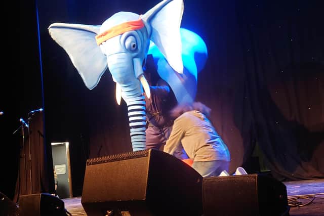 The Slightly Annoying Elephant giving a fitness routine at the Gilded Balloon Fringe launch.