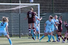 Georgia Timms came closest for Hearts as she hit the top of the bar. Credit: David Mollison