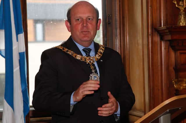 Frank Ross pictured in 2018 at the presentation of The British Empire Medal to Lisa Ann Stephenson for her services to Maggies's Cancer Scotland