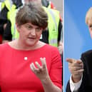 A combination of file pictures created in London on October 17, 2019 shows Democratic Unionist Party (DUP) leader Arlene Foster (L) speaking to the media outside Stormont House, Belfast on July 31, 2019, and Conservative MP and leadership contender Boris Johnson addressing the final Conservative Party leadership election hustings in London, on July 17, 2019. - Northern Ireland's Democratic Unionist Party is holding out in opposition to the Brexit deal struck Thursday, October 17, 2019 between London and Brussels -- a stance which has the potential to sink the agreement. The DUP, which supports Prime Minister Boris Johnson's Conservative government, holds major sway in whether a divorce agreement can get through parliament. (Photo by Tolga AKMEN and Paul FAITH / AFP) (Photo by TOLGA AKMEN,PAUL FAITH/AFP via Getty Images)