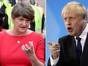 A combination of file pictures created in London on October 17, 2019 shows Democratic Unionist Party (DUP) leader Arlene Foster (L) speaking to the media outside Stormont House, Belfast on July 31, 2019, and Conservative MP and leadership contender Boris Johnson addressing the final Conservative Party leadership election hustings in London, on July 17, 2019. - Northern Ireland's Democratic Unionist Party is holding out in opposition to the Brexit deal struck Thursday, October 17, 2019 between London and Brussels -- a stance which has the potential to sink the agreement. The DUP, which supports Prime Minister Boris Johnson's Conservative government, holds major sway in whether a divorce agreement can get through parliament. (Photo by Tolga AKMEN and Paul FAITH / AFP) (Photo by TOLGA AKMEN,PAUL FAITH/AFP via Getty Images)