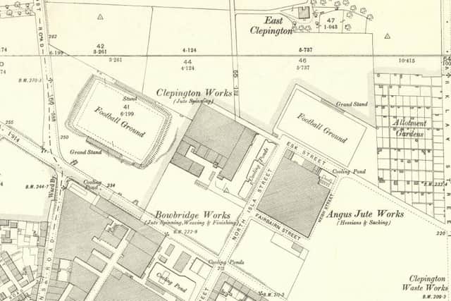Detail from an early map of Dundee shows Dens Park and Tannadice Park, albeit not marked as such. Dundee Hibernians began playing at Tannadice, formerly Clepington Park, in 1909 and have been there ever since