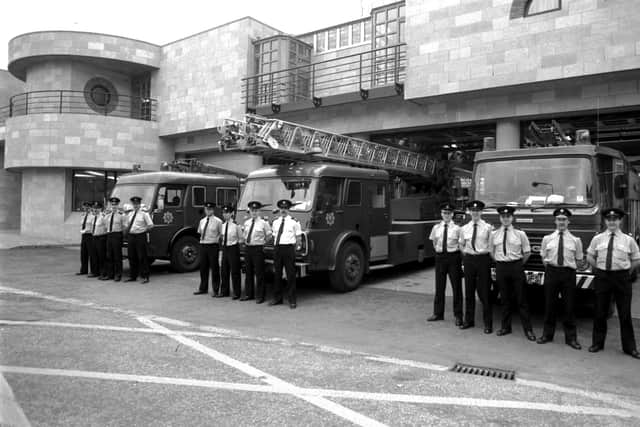 Firemen and fire engines on parade outside the newly-opened Tollcross fire station in Edinburgh, April 1986. The fire station is credited with developing a new, artistic design for public buildings. PIC:: Stan Warburton/ Bill Stout