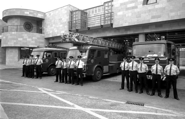 Firemen and fire engines on parade outside the newly-opened Tollcross fire station in Edinburgh, April 1986. The fire station is credited with developing a new, artistic design for public buildings. PIC:: Stan Warburton/ Bill Stout