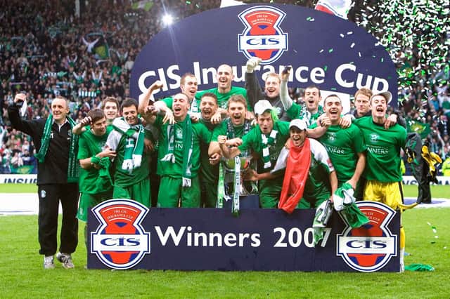 Hibs celebrate winning the CIS Cup in 2007 after a 5-1 win over Kilmarnock at Hampden. Pic: SNS