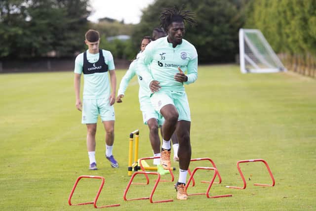 Rocky Bushiri is put through his paces at Hibs Training Centre in East Mains. Picture: SNS