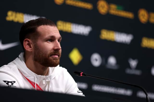 Martin Boyle speaks to the media during an Australia press conference at the Aspire Training Facilities in Doha
