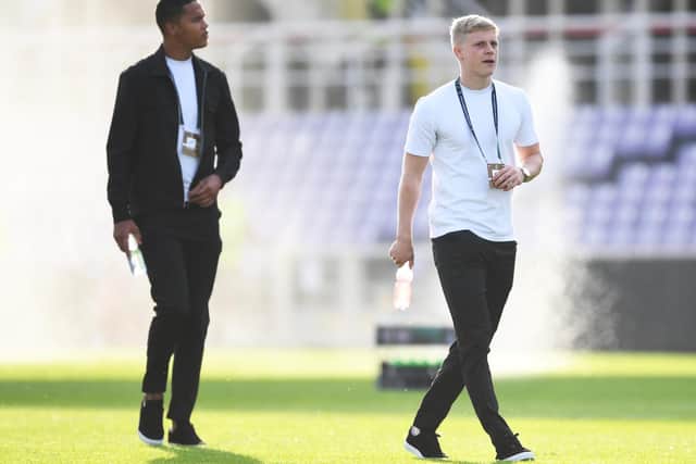 Alex Cochrane, with Toby Sibbick, at the Stadio Artemio Franchi prior to Hearts' match with Fiorentina. Picture: SNS
