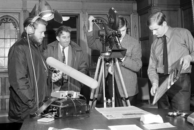 BBC TV camera crew at work in the Scotsman office in the editor's meeting room in the North Bridge building, Edinburgh, back in December, 1967.
