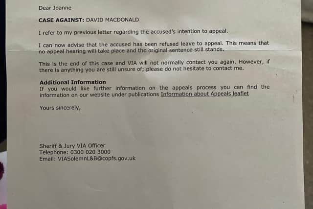 The official letter confirming MacDonald has been refused an appeal.