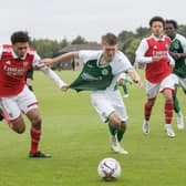 Josh O'Connor attempts to give the Arsenal defence the slip at Oriam. Picture: Maurice Dougan