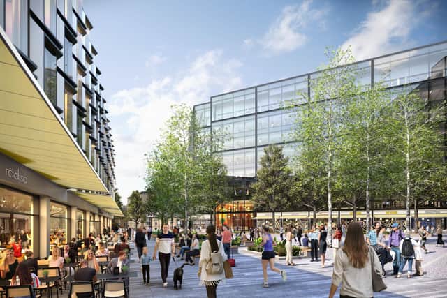 An artist's impression of the new Haymarket development.  The hotel and hotel school are on the left, above and behind the retail units. The rest of the development is mostly commercial, including the offices on the right.