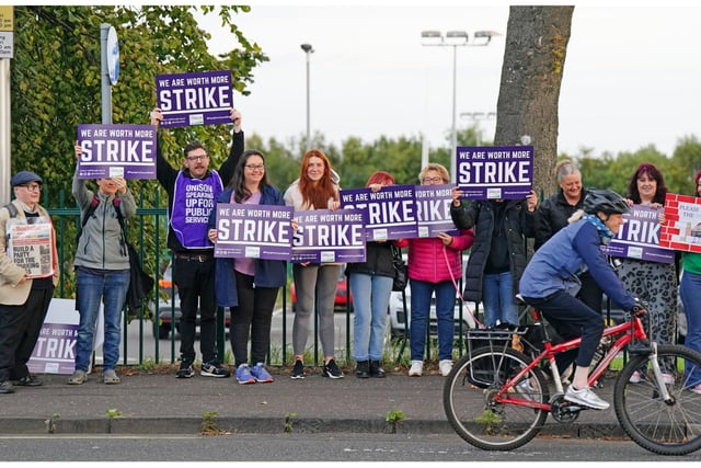 School support workers, who are members of Unison, on the picket line at Portobello High School in Edinburgh.