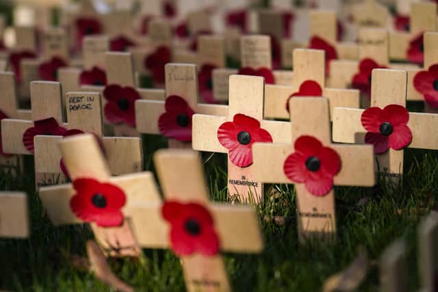 Crosses with poppies are placed in Princes Street Gardens, at the bottom of the Scott Monument, in Edinburgh, Scotland, Sunday, Nov. 7, 2021. Photo: AP Photo/Alberto Pezzali.