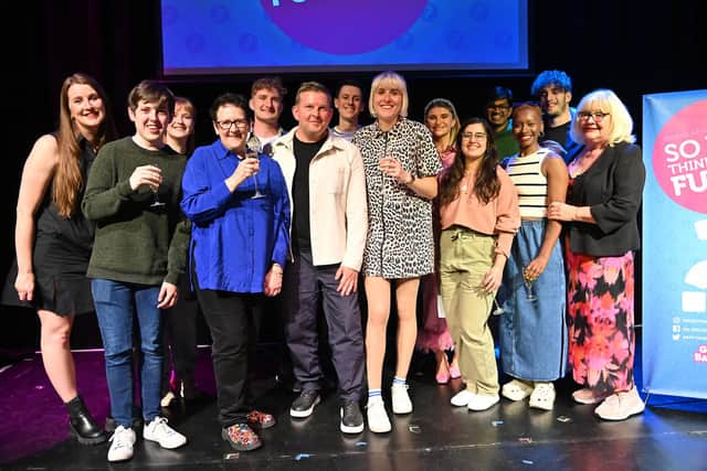 Finalists, judges and host Maisie Adam at the So You Think You’re Funny? Grand Final at Gilded Balloon Teviot on Thursday, August 24, 2023. Photo by Steve Ullathorne.