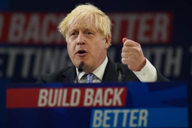 Boris Johnson delivering his keynote speech at the Tory Party Conference (Photo by Ian Forsyth/Getty Images)