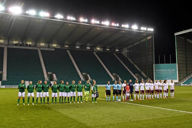 Hibs Women line up against Bayern Munich at Easter Road in October 2016