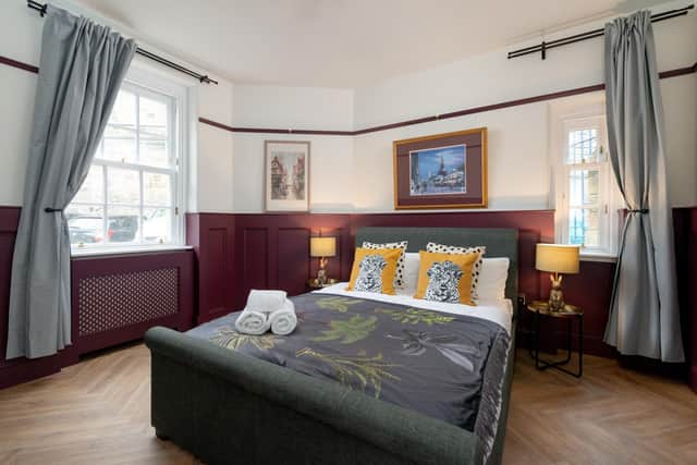 The flat’s dual-aspect bedroom is similarly fitted