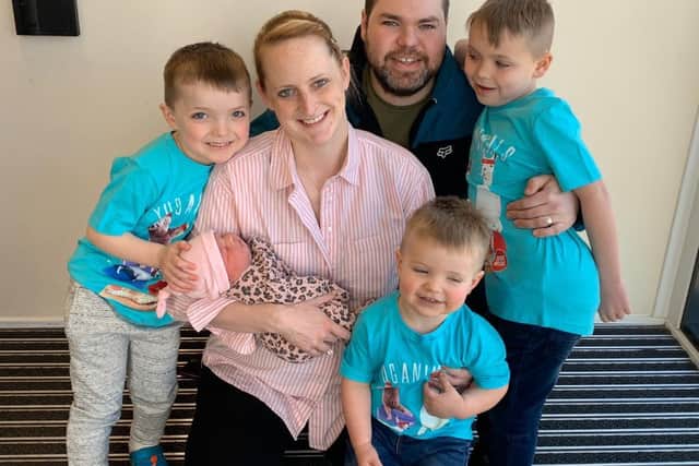Louise Gibbs with husband Ben,  with clockwise: Finlay, 6; Archie, 2; newborn Isla; and Callan, 5;