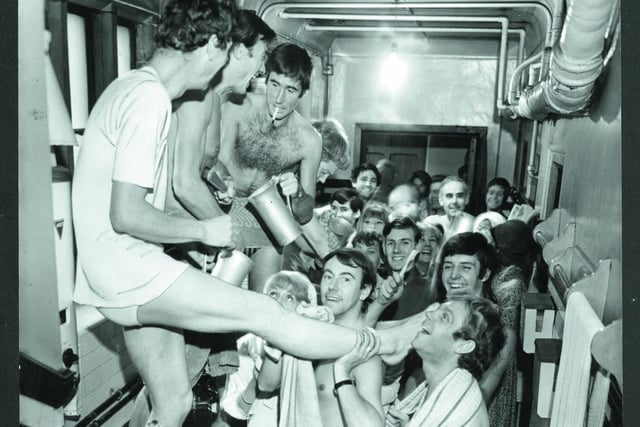 Washing off greasepaint backstage at the Assembly Hall with the Pop Theatre company at the Edinburgh Festival Fringe in 1966, including (third from left) actor Jim Dale.