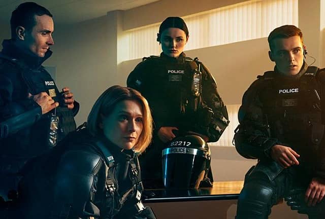 The police officers at the centre of BBC drama Blue Lights. From left, Stevie Neil (Martin McCann), Grace Ellis (Sian Brooke), Annie Conlon (Katherine Devlin), and Tommy Foster (Nathan Braniff) (Picture: Two Cities Television/Todd Antony/BBC)