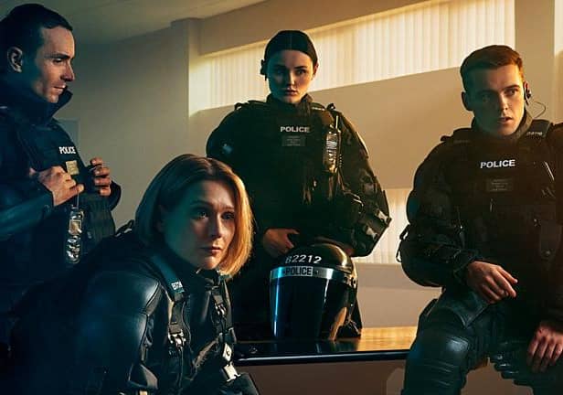 The police officers at the centre of BBC drama Blue Lights. From left, Stevie Neil (Martin McCann), Grace Ellis (Sian Brooke), Annie Conlon (Katherine Devlin), and Tommy Foster (Nathan Braniff) (Picture: Two Cities Television/Todd Antony/BBC)