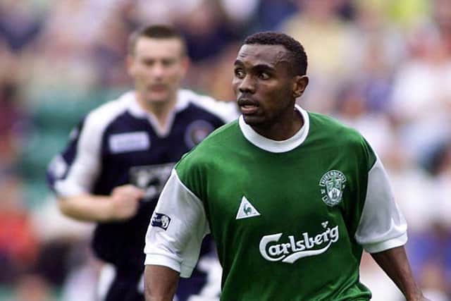 Didier Agathe in action for Hibs against Dundee