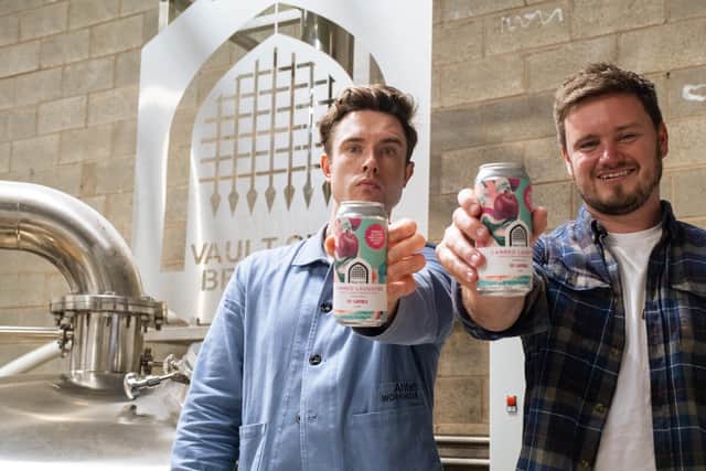 Comedian Ed Gamble and Vault City Brewing co-founder Steven Smith-Hay pose with new Canned Laughter sour beer.