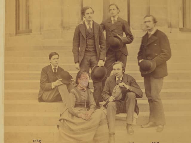 The Balfour family on the steps of Whittingehame House with the mystery woman whose face has been blacked out.