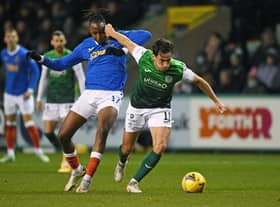 Rangers midfielder Joe Aribo battles with Joe Newell during the narrow 1-0 defeat Hibs suffered at Easter Road last time around. Picture: SNS