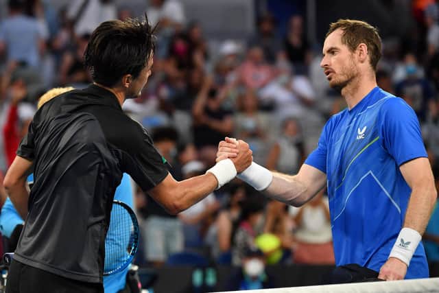 Japan's Taro Daniel shakes hands with Murray after their men's singles match