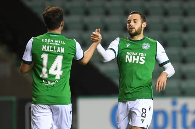 Hibernian's Stevie Mallan (L) celebrates making it 1-0 with Drey Wright during a Betfred Cup match between Hibernian and Brora Rangers at Easter Road on October 07, 2020. (Photo by Craig Foy / SNS Group)