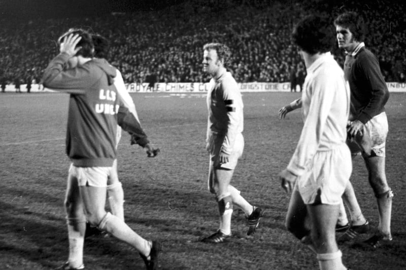 Scottish midfield hardman Billy Bremner (centre) played at Easter Road against Hibs for Leeds United in a Battle of Britain European tie in 1973, with the English side winning on penalties after drawing 0-0 on aggregate. He is pictured on the pitch after the shootout.