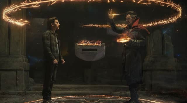 Tom Holland stars as Peter Parker/Spider-Man and Benedict Cumberbatch features as Doctor Strange in Spider-Man: No Way Home. Photo: PA Photo/©2021 CTMG.