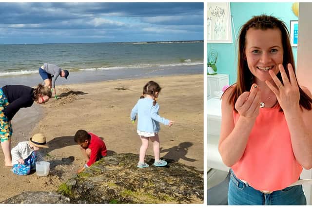Angie Shipp, 38, was heartbroken when her blue sapphire and diamond engagement ring - which belonged to her late mother-in-law, Sue, 58 - slipped off while she was enjoying a day out at Yellowcraig Beach, East Lothian. Photo: SWNS