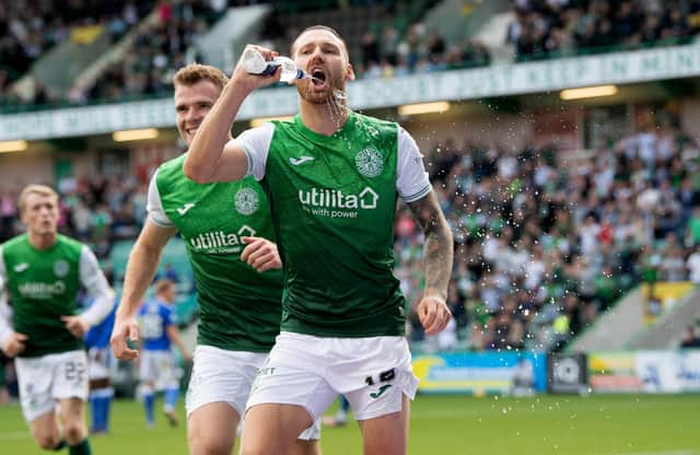 Martin Boyle celebrates after opening the scoring from the penalty spot. Picture: SNS