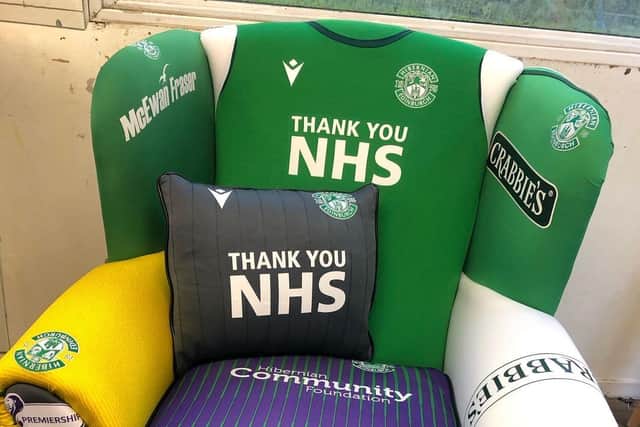 The chair features a cushion made from the 2020/21 away kit