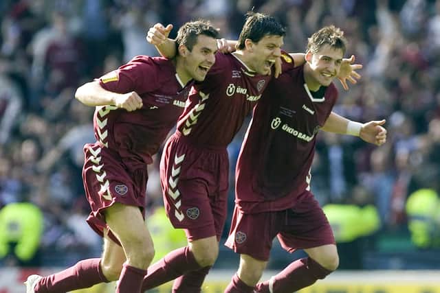 Michal Pospisil (left), Takis Fyssas and Rudi Skacel celebrate winning the Scottish Cup with Hearts in 2006.