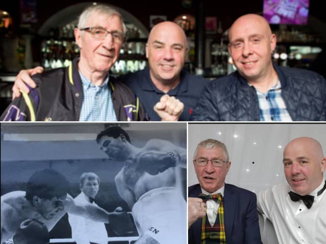 Top: Ken with Owen and son Mark Buchanan. Left: Owen demonstrating skills in the ring under the tutelage of Buchanan. Right: Ken and Owen at a fundraiser for the Ken Buchanan Foundation