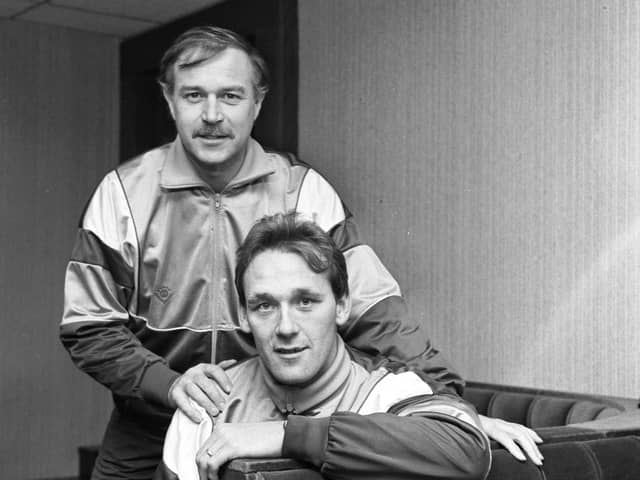 Hearts manager Sandy Clark (seated) with Walter Borthwick in November 1988.