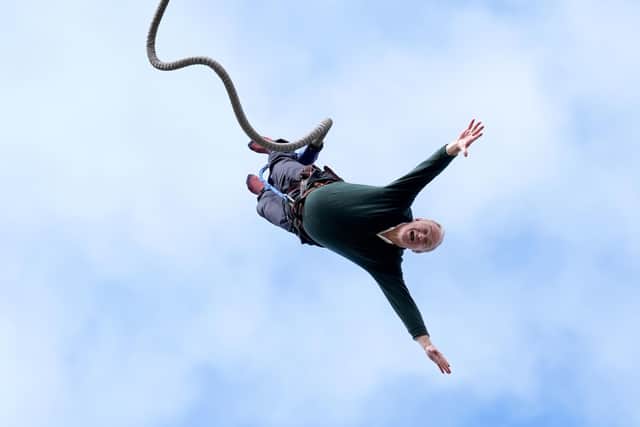Liberal Democrat leader Sir Ed Davey took a bungee jump during a visit to Eastbourne Borough Football Club in East Sussex while on the General Election campaign trail. Picture: Gareth Fuller/PA Wire