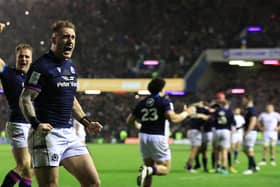 Stuart Hogg, the Scotland captain, celebrates the 20-17 victory over England. (Photo by David Rogers/Getty Images)