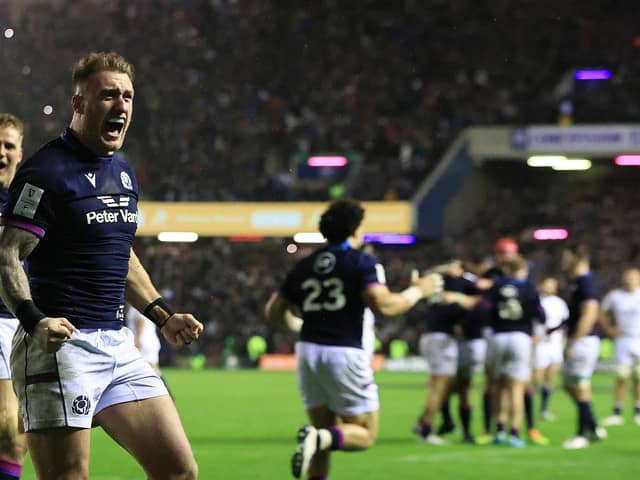 Stuart Hogg, the Scotland captain, celebrates the 20-17 victory over England. (Photo by David Rogers/Getty Images)
