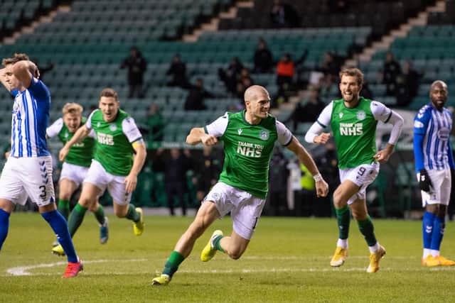 Celebrating his first goal for Hibs