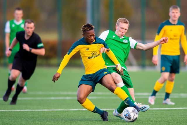 Battling for the ball with Celtic's Karamoko Dembele during a reserve friendly match at East Mains
