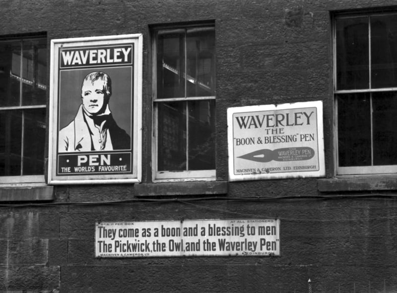 Some of the enamelled advertisements on the frontage of Blair Street in Edinburgh promoting MacNiven & Cameron's  Pickwick, Owl and Waverley fountain pens. Picture taken in April 1982. 