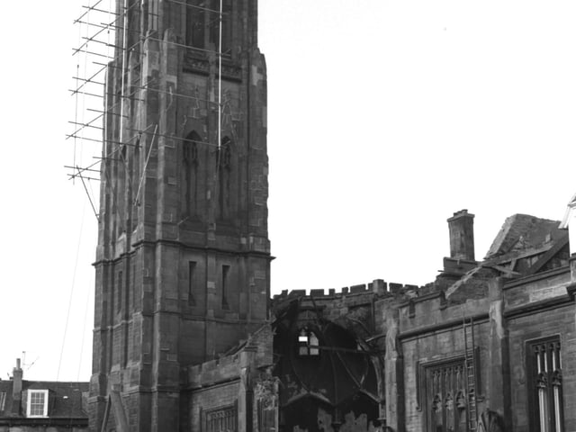 Scaffolding on Barony & St James church at the junction of Albany Street and Broughton Street in Edinburgh, January 1983. It was being demolished.