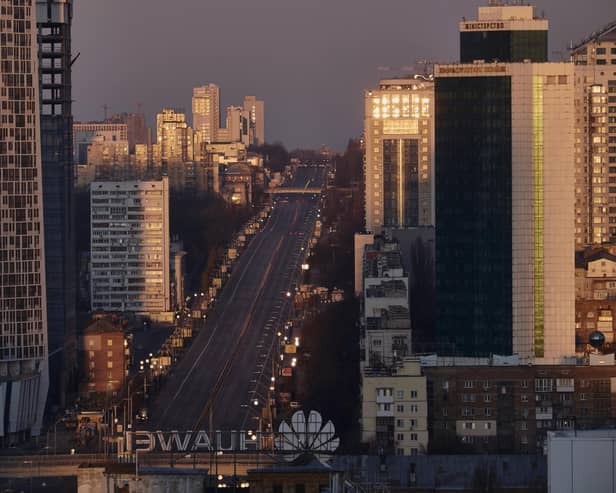 A view of Kyiv during a curfew in the early morning on February 28, 2022 in Kyiv, Ukraine. Explosions and gunfire were reported around Kyiv on the second night of Russia's invasion of Ukraine, which has killed scores and prompted widespread condemnation from U.S. and European leaders. (Photo by Pierre Crom/Getty Images)